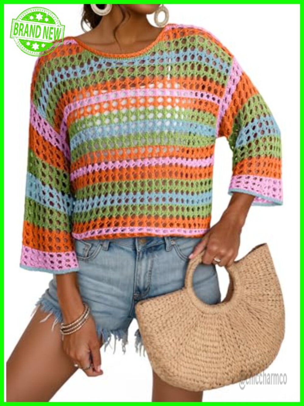 Womens Crochet Sweater 3/4 Sleeve Color Block Striped Hollow Out Pullover